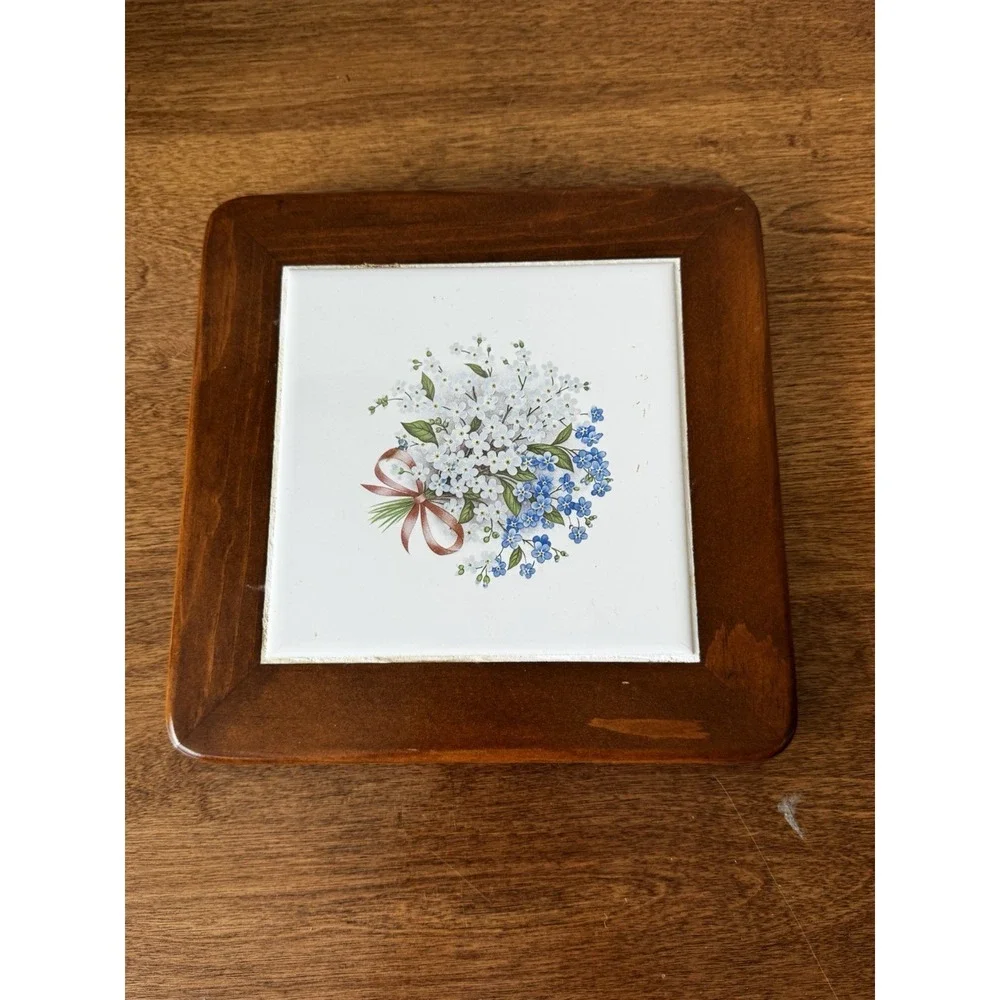 Vintage Ceramic Tile And Wood Trivet Wood N Toys R K Lennus Flowers Cottage Core